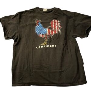 Confident Black T-Shirt with Patriotic Rooster Design - Size Large